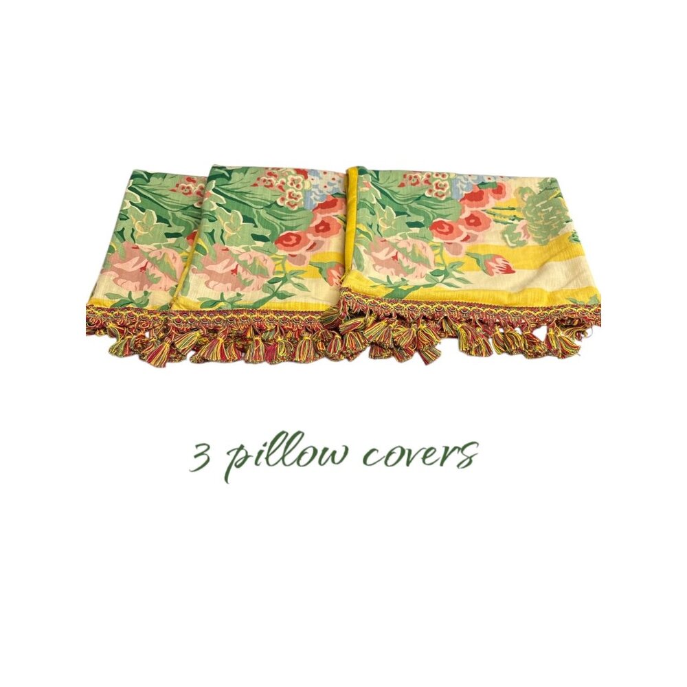 Floral Linen & Cotton Pillow Covers With Tassels Set Of 3